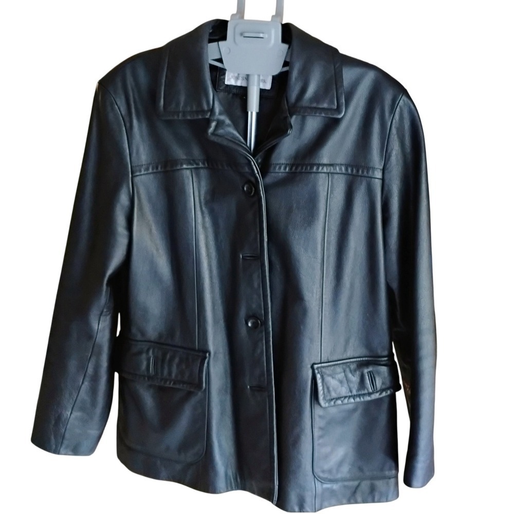 Jones New York Black Genuine Leather Jacket, Button-Front, Size Large, Mint Cond